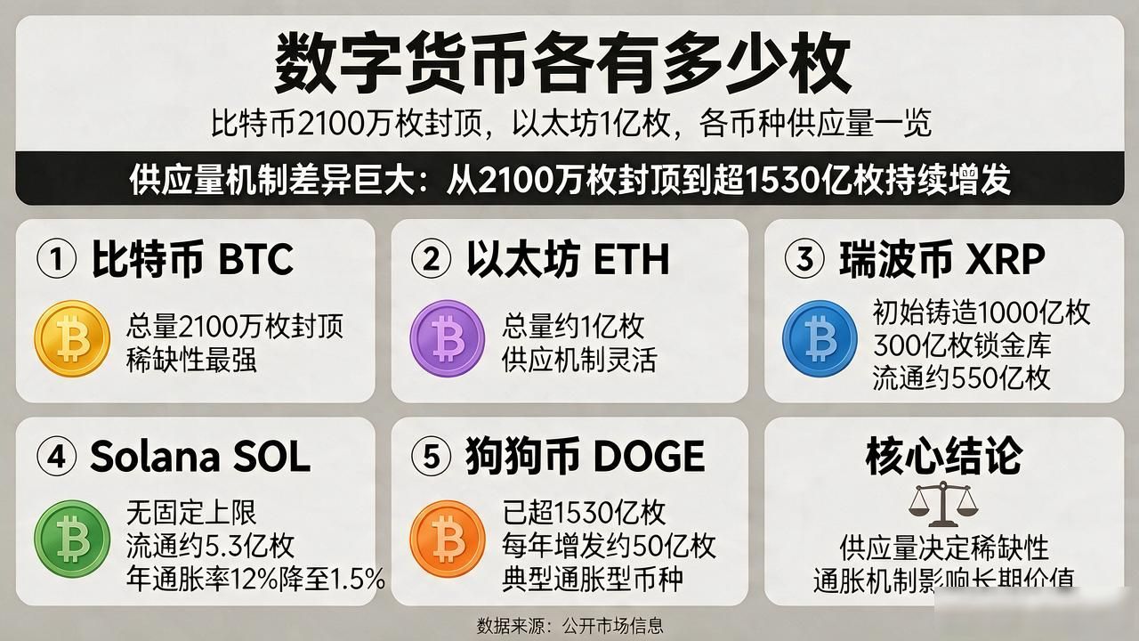 比特币2100万枚封顶，以太坊1亿枚，数字货币各有多少